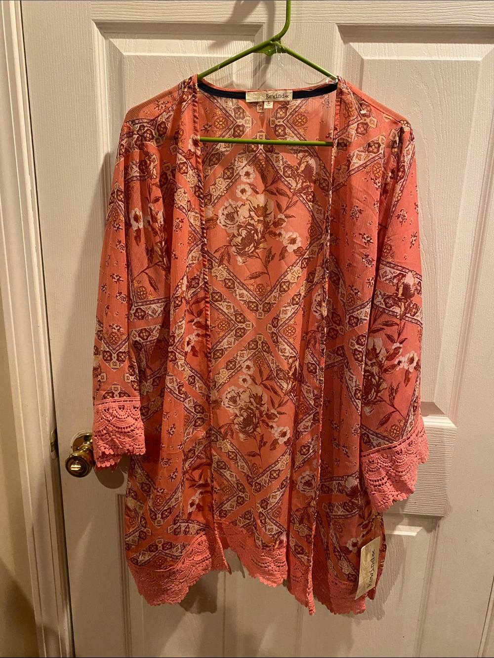Rewind Coral Floral Lace-Trim Open Kimono large size large